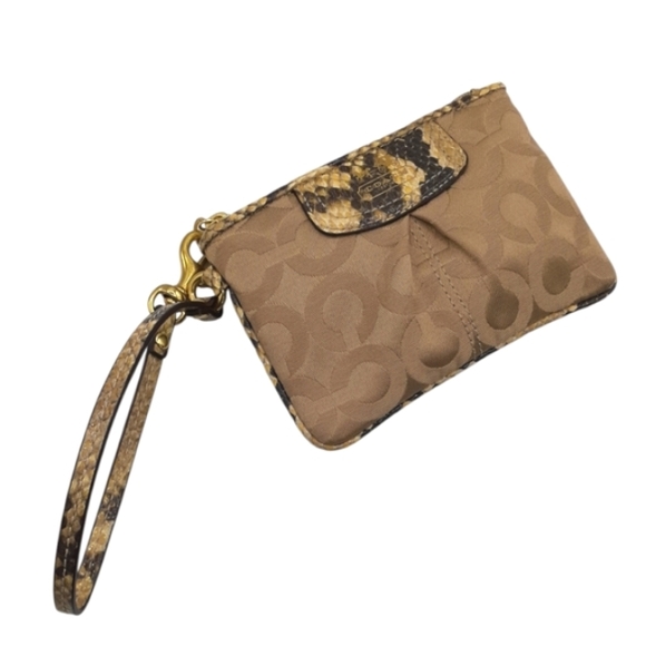 SALE! Coach Tan Signature Canvas Wristlet Embossed Snakeskin - Picture 5 of 5
